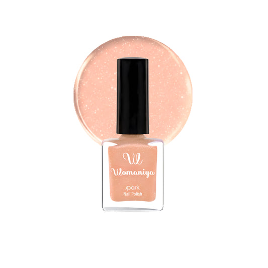 Womaniya Spark S106 nail polish bottle with peach-colored shimmer polish and black cap on a white background