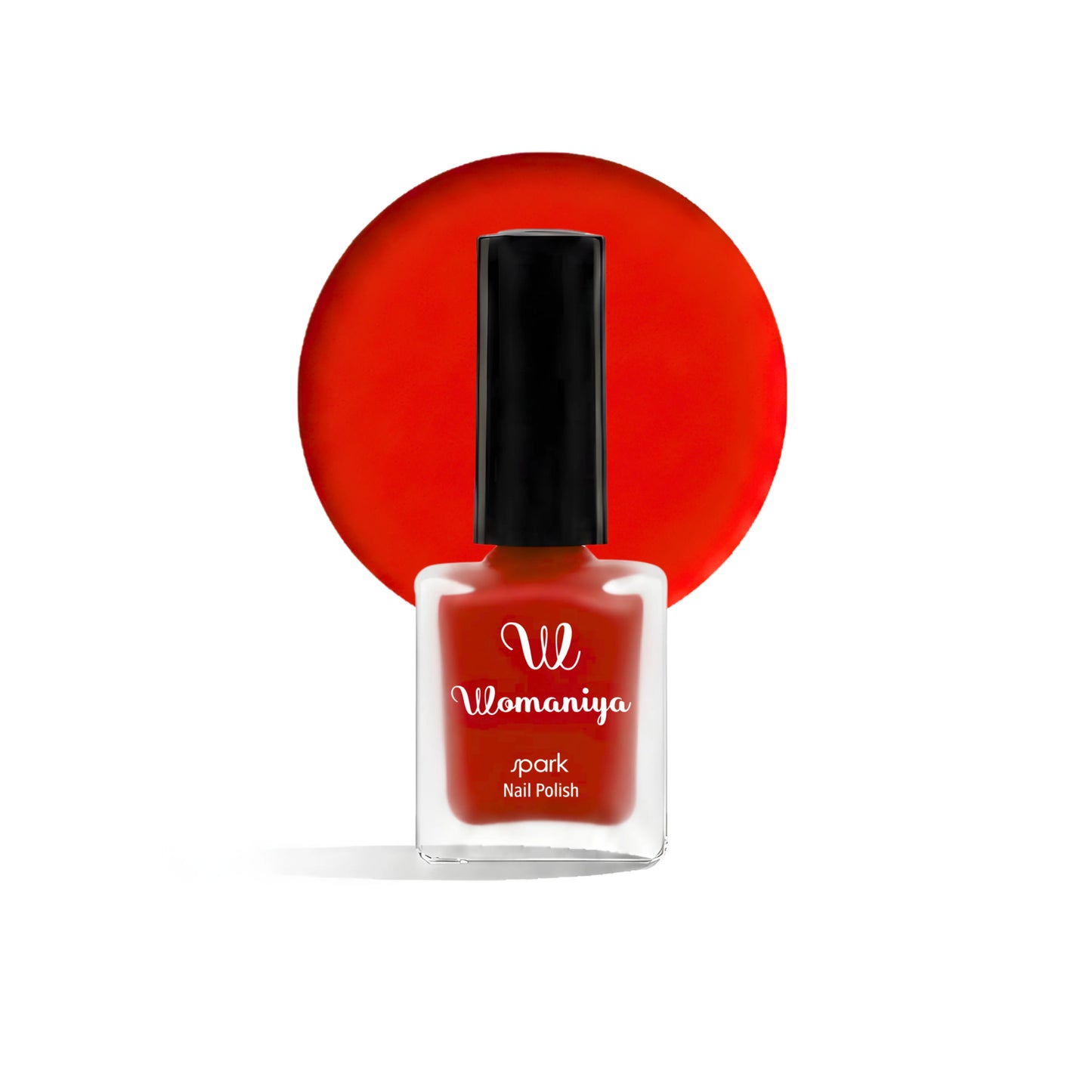 Womaniya Spark Red matte nail polish bottle with black cap on a white background