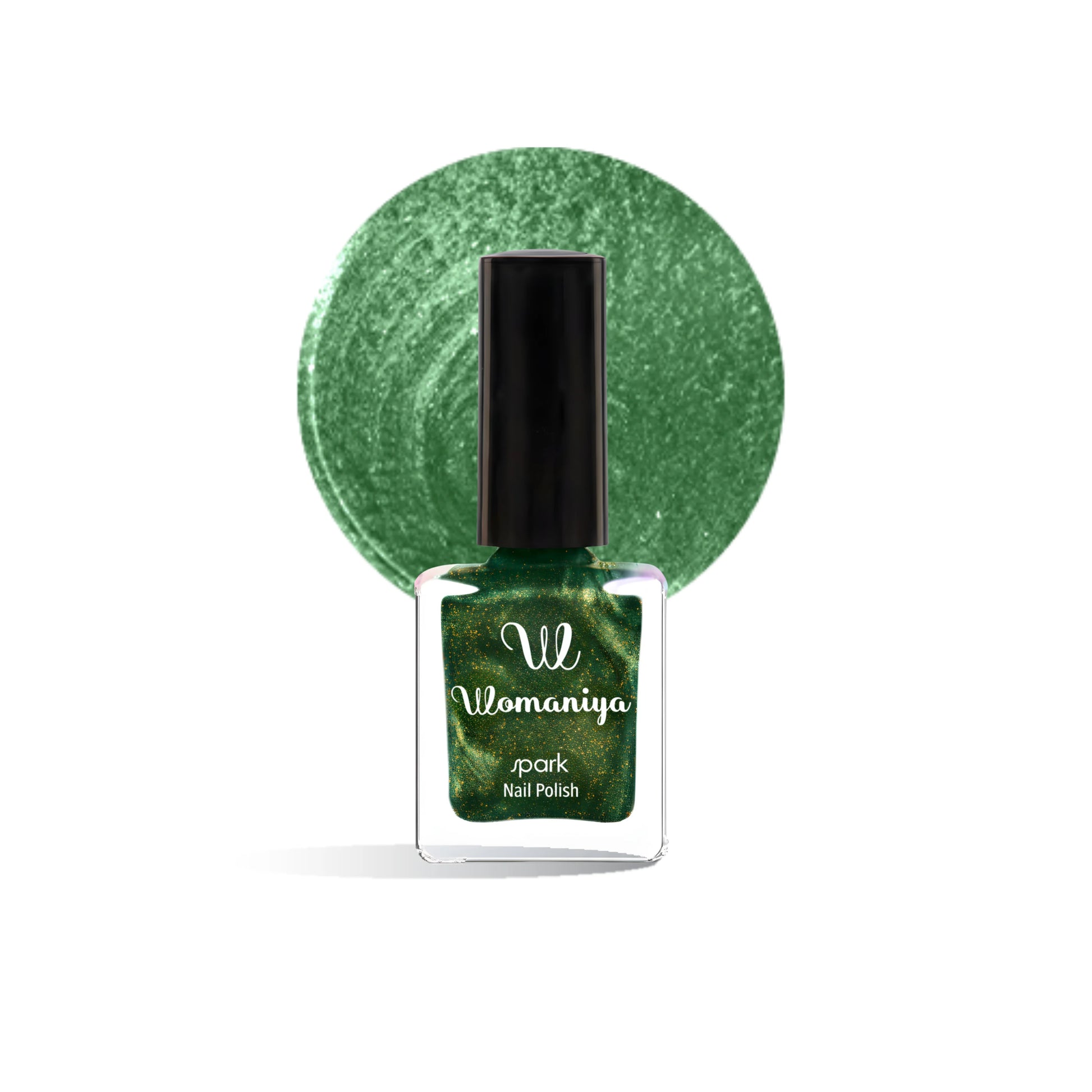 Womaniya Spark S60 Galactic Green glitter nail polish bottle with a black cap on a white background