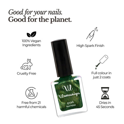Spark Green Shimmer nail polish bottle with Womaniya branding on a white background, featuring sustainability and product features.